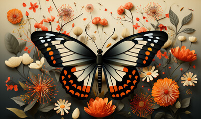 Obraz na płótnie Canvas Butterfly with leaves and flowers in the style of Charley Harper