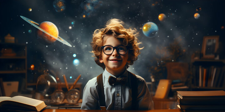 Happy schoolboy at school astronomy lesson, dreaming student, fantasy concept of school education, development and discovery, generated ai