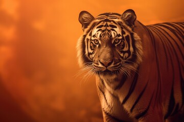 sumatran tiger on orange background, beautiful tiger