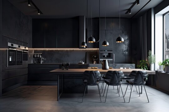 Front view of a large, all black kitchen with dark gray counters, a table, and chairs. a mockup. Generative AI