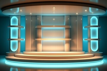 A beautiful, modern futuristic podium with neon blue lighting designed for product presentations. Made with Generative AI technology