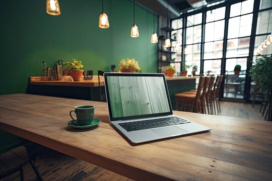 Green screen mockup of a laptop with a blank display on a wooden table at a coffee shop. Generative AI
