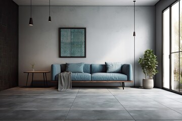 Naklejka na ściany i meble Gray walls, a tiled floor, a long blue sofa positioned next to a white coffee table, and a gray rug make up the interior of the living room. Generative AI