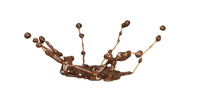 Beautiful Chocolate splashing in Slow Motion. Tea, Coffee. Abstract 3d Animation with Alpha Matte.