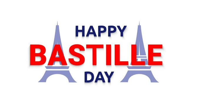 Happy Bastille Day animation with the Eiffel Tower on the white screen alpha channel is Easy to put into any video. French National Day, 14th of July. Great for Celebrations, Ceremonies, and Festivals