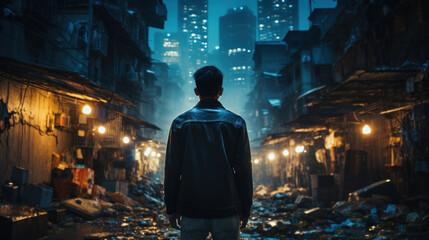 person in city slum and shacks. poverty, contrast and inequality social