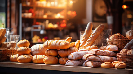 different bread loaves and baguettes on bakery shop - obrazy, fototapety, plakaty