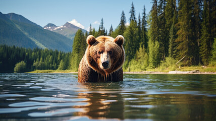 angry brown bear in river water - obrazy, fototapety, plakaty