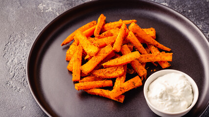 Sweet potato fries with blue cheese sauce.