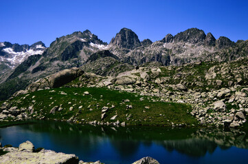 Fototapeta na wymiar A pristine high mountain lake reflects the majestic beauty of a mountain range