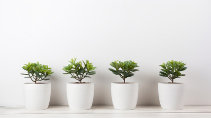plants in pots on table against white wall, indoor clean minimalism style