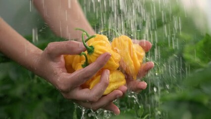 Slow motion of hand washing yellow habanero peppers in palms under shower of water on farm. Background of green plants. Video at 120 fps. Codek Apple ProRes 422. High quality FullHD footage. - Powered by Adobe