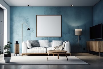 In the inside of a living room with a white leather couch, carpet, floor lamp, and coffee table on hardwood flooring, there is a blank horizontal poster on a blue concrete wall. Generative AI