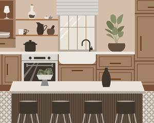 Modern kitchen in Scandinavian boho style. Vector cartoon illustration