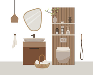 Bathroom in minimal scandinavian style vector illustration. Boho hygge lifestyle
