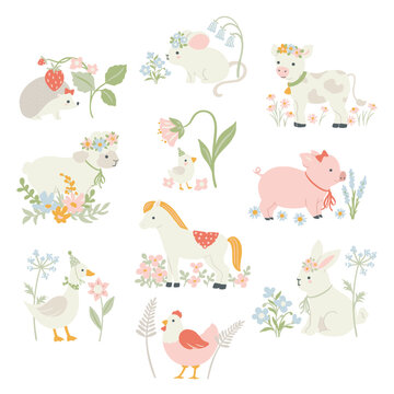 Vector set of cute domestic baby animals illustrations