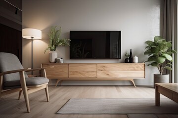 Illustration. A spacious room with a black widescreen TV and a white oak sideboard. Isolated. Generative AI