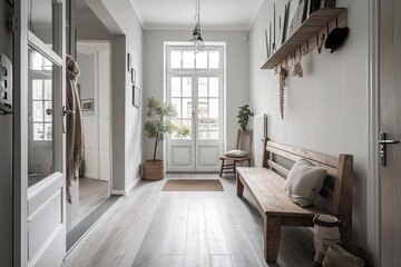 Fototapeta na wymiar Farmhouse hallway, all white project. Coat rack with wooden bench. glass front door, vintage style decor,. Generative AI