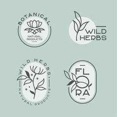 A collection of logos on a botanical theme, emblems for a florist, wedding invitations. Laconic icons of flowers and herbs, beautiful pure nature.