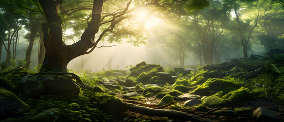 A mesmerizing view of an ancient forest blanketed in morning mist, the sun rays piercing through the canopy, the scene's myriad shades of green enhanced by HDR technology. 