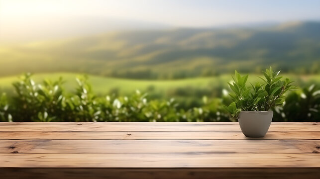 Wooden table blurred tea plantation background morning