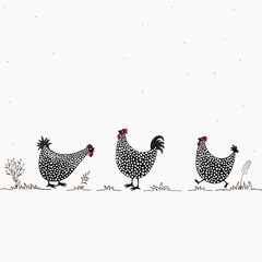 Card with funny cartoon chickens on white background - obrazy, fototapety, plakaty