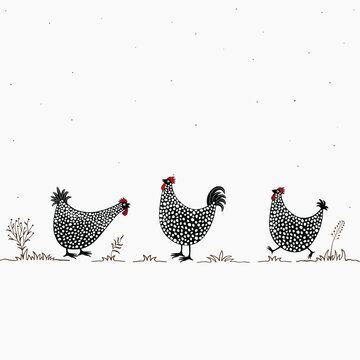 Card with funny cartoon chickens on white background