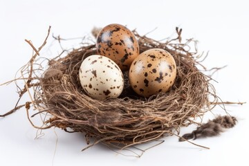 Naklejka na ściany i meble Close-up of a nest with bird eggs on a white background.