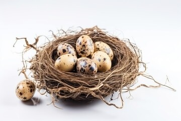 Naklejka na ściany i meble Nest with quail eggs on a white background.