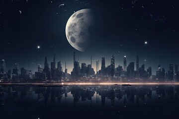 Landscape of night modern fantasy city with moon.
