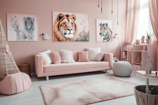 In a roomy infant room with animal posters on the wall, a stylish pink couch with adorable pillows can be found. Generative AI