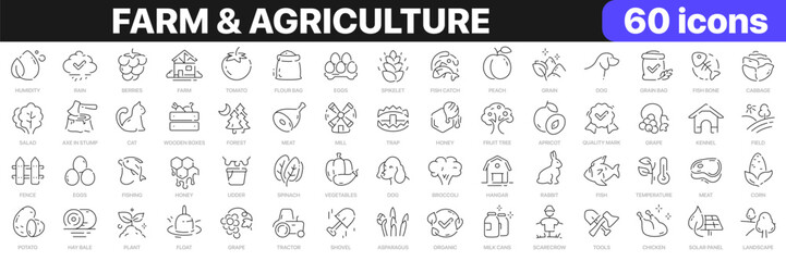 Farm and agriculture line icons collection. Food, organic, animals, fruits, vegetables icons. UI icon set. Thin outline icons pack. Vector illustration EPS10
