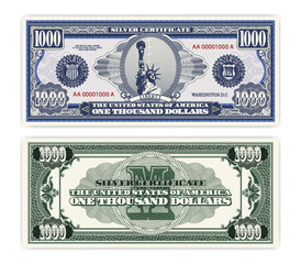 Vector blue banknote obverse and green reverse silver certificate of 1000 US dollars. Oval, liberty and guilloche frame. American paper fictional money.