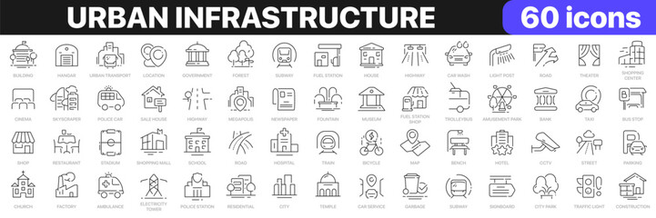 Urban infrastructure line icons collection. City, buildings, transport, road icons. UI icon set. Thin outline icons pack. Vector illustration EPS10