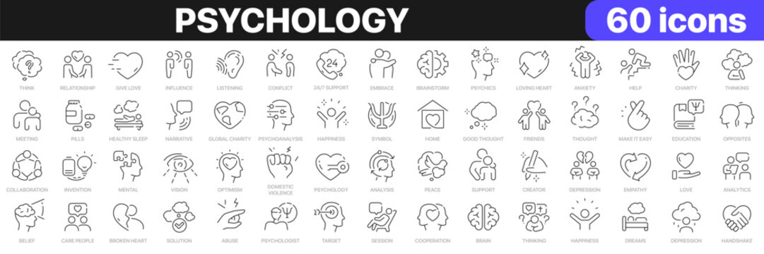 Psychology line icons collection. Mental, session, help, psychoanalysis, emotions icons. UI icon set. Thin outline icons pack. Vector illustration EPS10