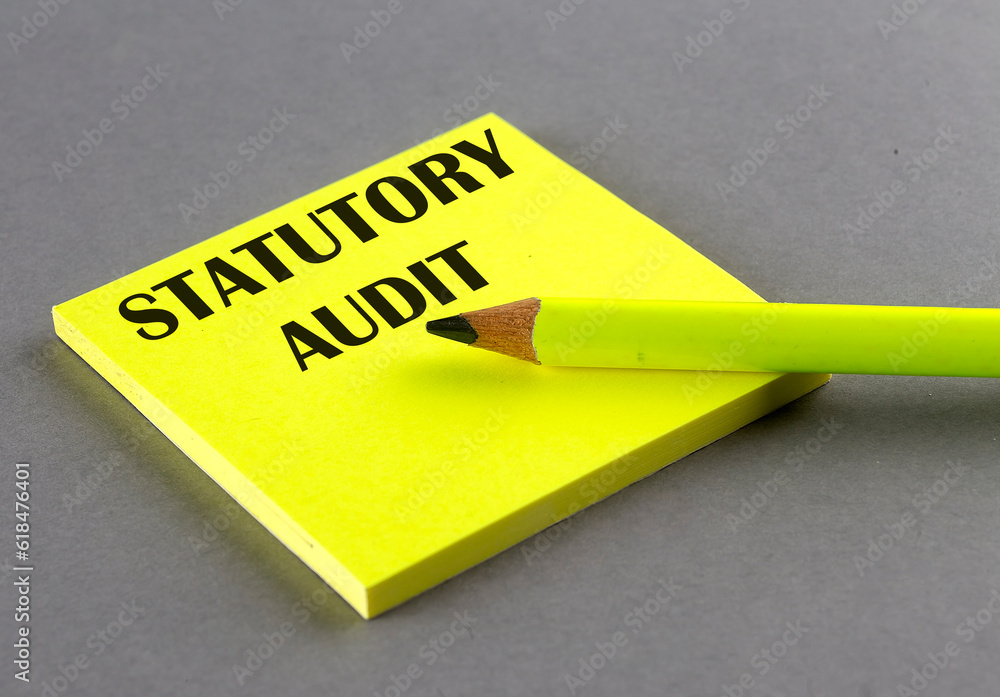 Poster statutory audit text written on a sticky on grey background