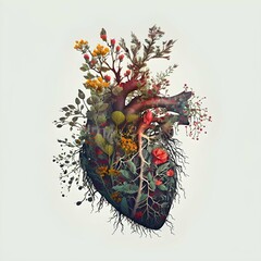human heart overgrown by wildflowers boho style high contrast transparent background 