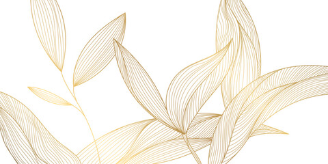 Vector art deco luxury leaf line pattern, golden background. Hand drawn wavy plants for packaging, social media post, cover, banner, creative post and wall arts. Japanese style. - obrazy, fototapety, plakaty
