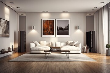 Fototapeta na wymiar In the inside of a living room with a white leather couch, carpet, floor lamp, and coffee table on hardwood flooring, there are two empty vertical posters on a beige wall. Generative AI
