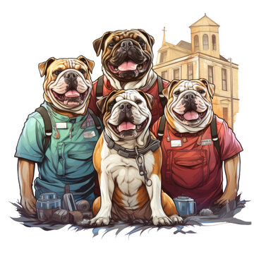 English Bulldogs dressed as dentists, each holding a dental tool, and standing in front of a dental clinic. The background should be a cityscape with tall buildings, Generative Ai