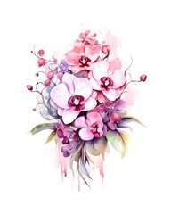 Fototapeta na wymiar Bouquet of pink orchids on white background in watercolor style. Generative AI.