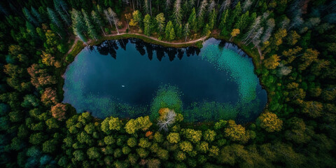 Lake in the forest from a bird's eye view