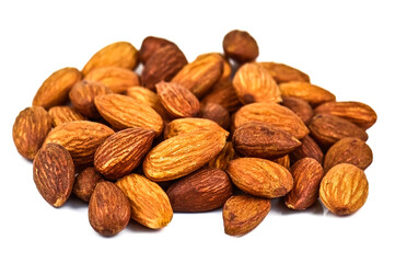 Heap of delicious almonds on white background