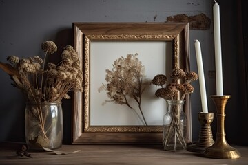 imitation portrait frame on a wooden table with withered flowers. Generative AI