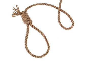 Rope noose for hangman, suicide made of natural fiber rope isolate on white background. Hemp rope noose for homicide or commit suicide concept