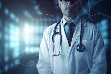 Cropped shot of doctor in uniform with stethoscope on modern futuristic background.