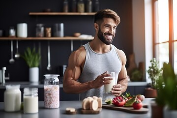 Muscular man holding glass of milk while preparing healthy breakfast in the kitchen at home. - obrazy, fototapety, plakaty