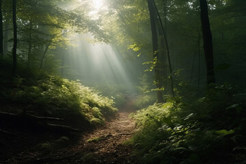 Obraz premium Nature, plants and pathway with trees in forest for environment, sustainability and flora. Peace, ai generated and landscape with meadow in countryside woods for foliage, paradise and wilderness