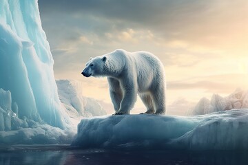 Fototapeta na wymiar Polar bear standing on a melting polar ice floe in arctic sea. Climate change and global warming concept.