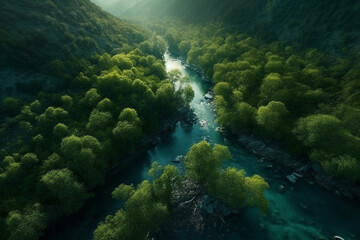 Naklejka na ściany i meble Nature, landscape and river with trees in forest for environment, sustainability and flora. Peace, ai generated and aerial view with water stream in countryside for foliage, paradise and wilderness